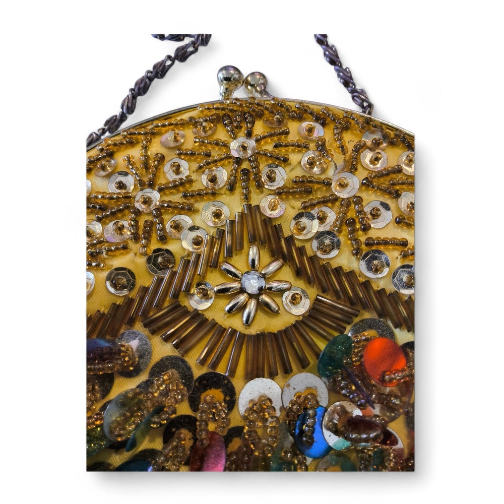 Vintage Beaded Sequin Evening Bag Gold Fringe Kiss Lock Boho Glam - Picture 5 of 10